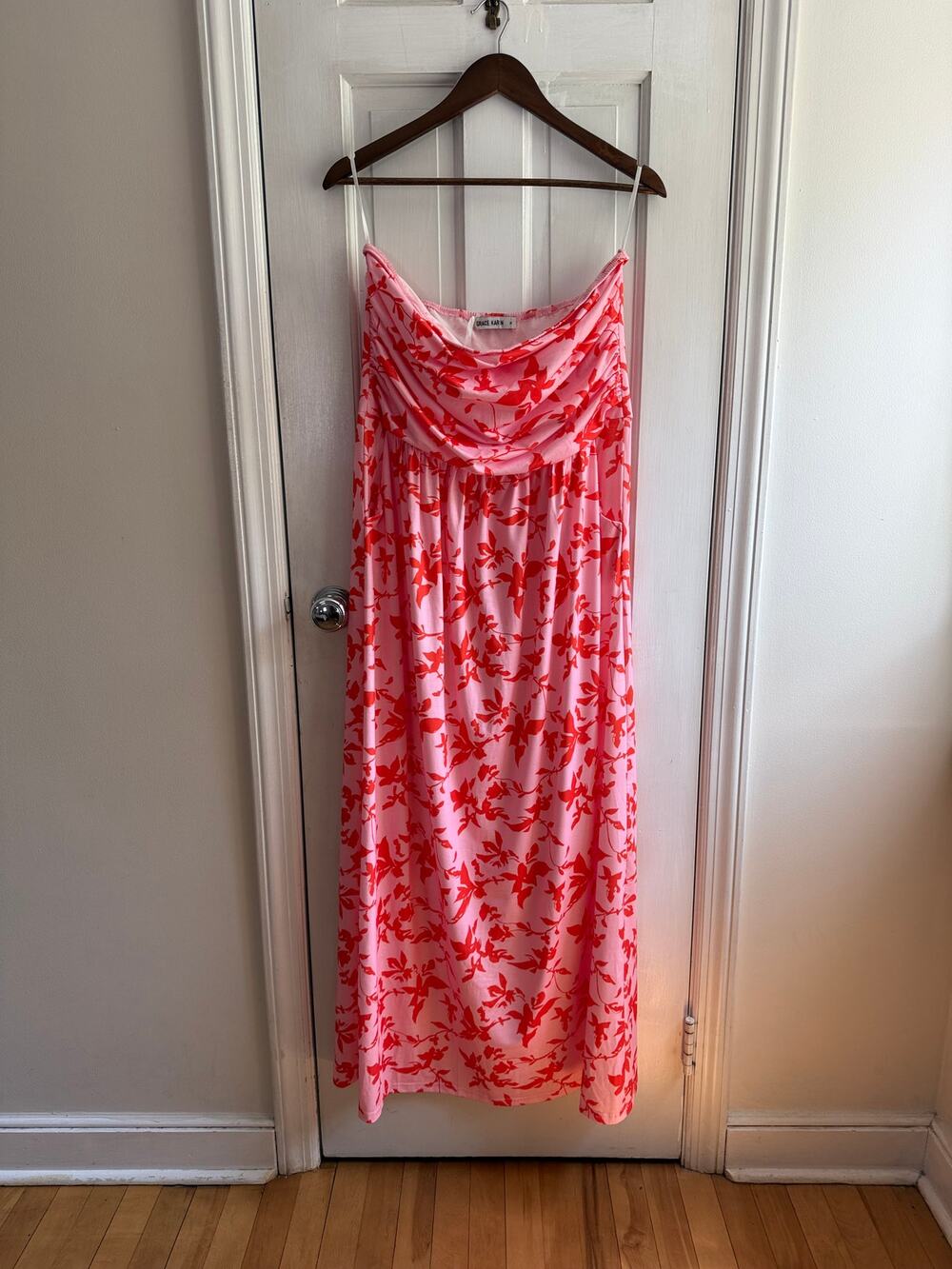 Grace Karin Strapless Ruched Maxi Dress XL Pink Red Floral Pockets Summer NWT